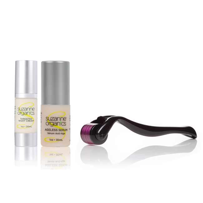 micro-needle roller, bottle of targeted night cream, bottle of ageless serum